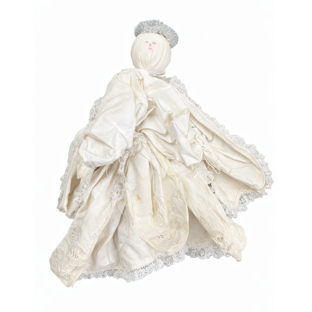 Vintage Handmade Angel Cloth Doll Lace Dress Halo Christmas Decor 13in